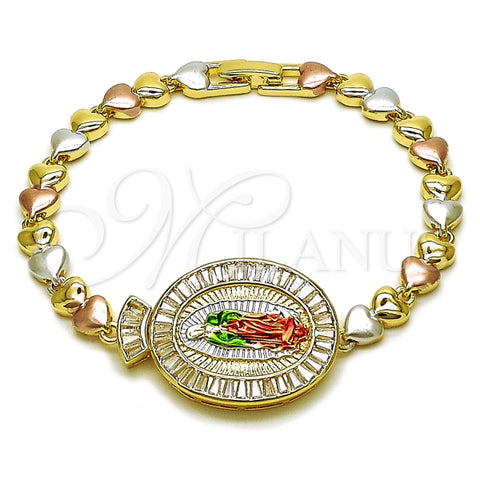 Pulsera Elegante 03.196.0022.07 Oro Laminado, Diseño de Guadalupe y Corazon, Diseño de Guadalupe, con Zirconia Cubica Blanca, Pulido, Tricolor