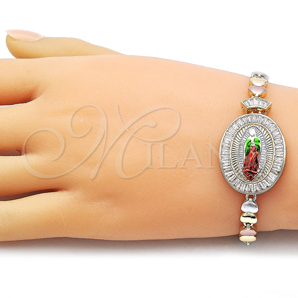 Pulsera Elegante 03.196.0022.07 Oro Laminado, Diseño de Guadalupe y Corazón, con Blanca Zirconia Cubica, Pulido, Tres Tonos (Thickness, 8 Inches Length)