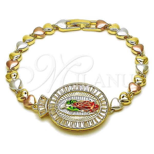 Pulsera Elegante 03.196.0022.07 Oro Laminado, Diseño de Guadalupe y Corazón, con Blanca Zirconia Cubica, Pulido, Tres Tonos (Thickness, 8 Inches Length)