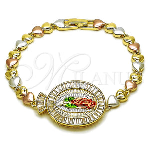 Pulsera Elegante 03.196.0022.07 Oro Laminado, Diseño de Guadalupe y Corazón, con Blanca Zirconia Cubica, Pulido, Tres Tonos (Thickness, 8 Inches Length)