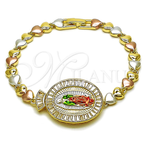 Pulsera Elegante 03.196.0022.07 Oro Laminado, Diseño de Guadalupe y Corazón, con Blanca Zirconia Cubica, Pulido, Tres Tonos (Thickness, 8 Inches Length)