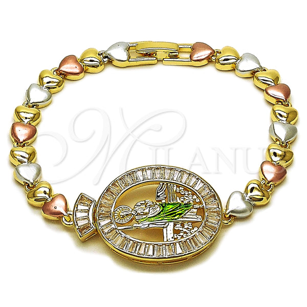 Pulsera Tennis 03.196.0023.07 Oro Laminado, Diseño de San Judas y Corazón, con Blanca Zirconia Cubica, Pulido, Tres Tonos (Thickness, 8 Inches Length)