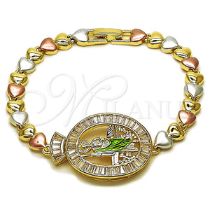 Pulsera Tennis 03.196.0023.07 Oro Laminado, Diseño de San Judas y Corazón, con Blanca Zirconia Cubica, Pulido, Tres Tonos (Thickness, 8 Inches Length)