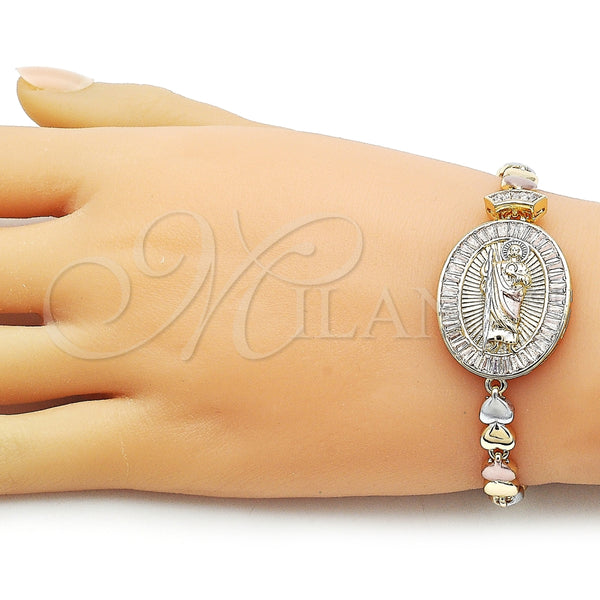 Pulsera Elegante 03.196.0025.07 Oro Laminado, Diseño de San Judas y Baguette, con Blanca Zirconia Cubica, Pulido, Tres Tonos (Thickness, 8 Inches Length)