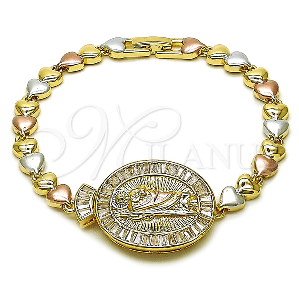 Pulsera Elegante 03.196.0025.07 Oro Laminado, Diseño de San Judas y Baguette, con Blanca Zirconia Cubica, Pulido, Tres Tonos (Thickness, 8 Inches Length)
