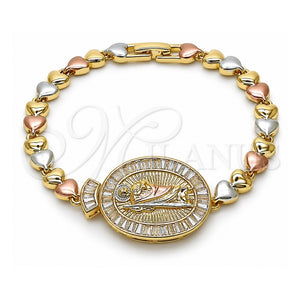 Pulsera Elegante 03.196.0025.07 Oro Laminado, Diseño de San Judas y Baguette, con Zirconia Cubica Blanca, Pulido, Tres Tonos (Grosor 06.5 MM, 8 Pulgadas de Largo)