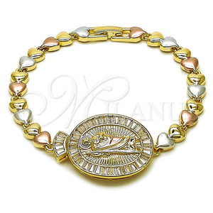 Pulsera Elegante 03.196.0025.07 Oro Laminado, Diseño de San Judas y Baguette, con Blanca Zirconia Cubica, Pulido, Tres Tonos (Thickness, 8 Inches Length)