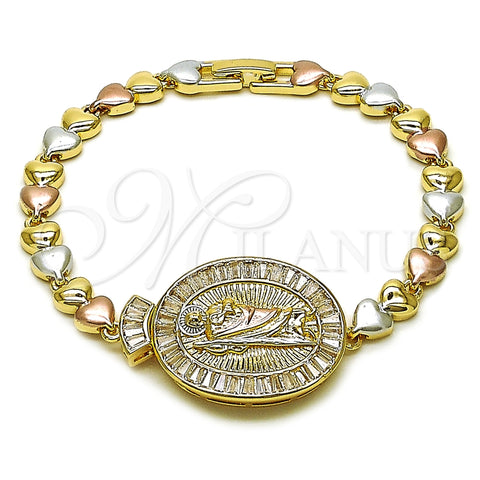 Pulsera Elegante 03.196.0025.07 Oro Laminado, Diseño de San Judas y Baguette, con Blanca Zirconia Cubica, Pulido, Tres Tonos (Thickness, 8 Inches Length)