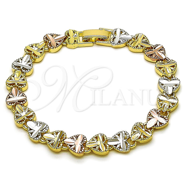 Pulsera Solida 03.196.0027.07 Oro Laminado, Diseño de Corazón, Diamantado, Tres Tonos (Thickness, 7 Inches Length)