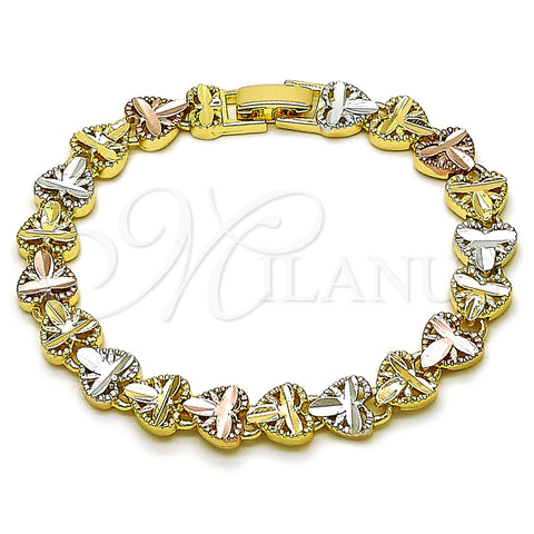 Pulsera Solida 03.196.0027.07 Oro Laminado, Diseño de Corazón, Diamantado, Tres Tonos (Thickness, 7 Inches Length)
