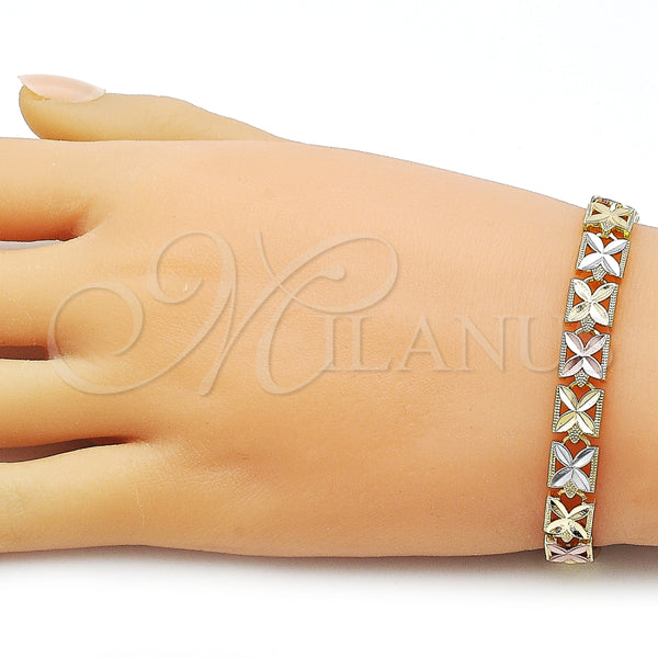 Pulsera Solida 03.196.0028.07 Oro Laminado, Diseño de Trébol de Cuatro Hojas, Diamantado, Tres Tonos (Thickness, 8 Inches Length)
