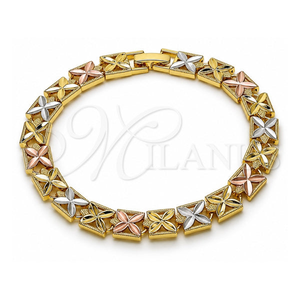 Pulsera Solida 03.196.0028.07 Oro Laminado, Diseño de Trébol de Cuatro Hojas, Diamantado, Tres Tonos (Grosor 08.2 MM, 8 Pulgadas de Largo)