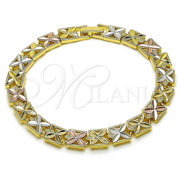Pulsera Solida 03.196.0028.07 Oro Laminado, Diseño de Trébol de Cuatro Hojas, Diamantado, Tres Tonos (Thickness, 8 Inches Length)