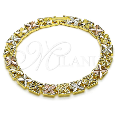 Pulsera Solida 03.196.0028.07 Oro Laminado, Diseño de Trébol de Cuatro Hojas, Diamantado, Tres Tonos (Thickness, 8 Inches Length)