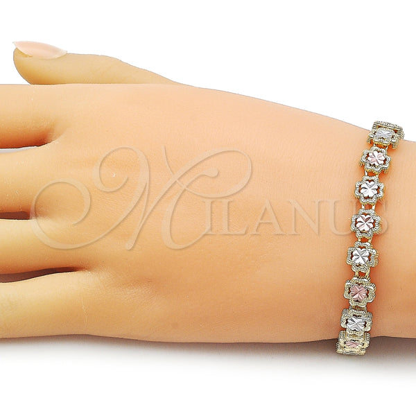 Pulsera Solida 03.196.0029.07 Oro Laminado, Diseño de Trébol de Cuatro Hojas, Diamantado, Tres Tonos (Thickness, 8 Inches Length)