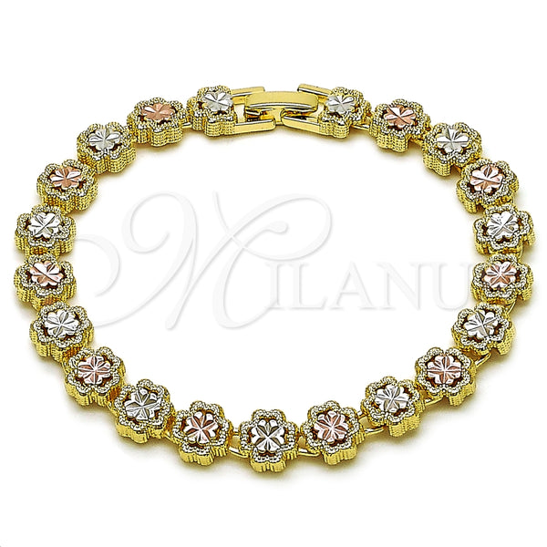 Pulsera Solida 03.196.0029.07 Oro Laminado, Diseño de Trébol de Cuatro Hojas, Diamantado, Tres Tonos (Thickness, 8 Inches Length)