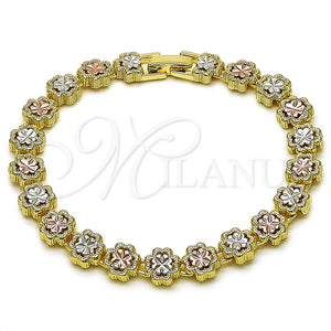 Pulsera Solida 03.196.0029.07 Oro Laminado, Diseño de Trébol de Cuatro Hojas, Diamantado, Tres Tonos (Thickness, 8 Inches Length)