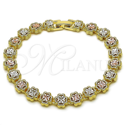 Pulsera Solida 03.196.0029.07 Oro Laminado, Diseño de Trébol de Cuatro Hojas, Diamantado, Tres Tonos (Thickness, 8 Inches Length)