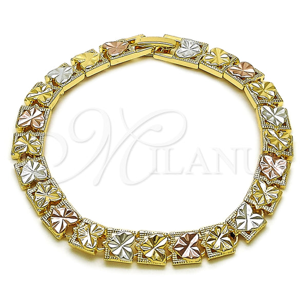 Pulsera Solida 03.196.0030.07 Oro Laminado, Diseño de Corazón, Diamantado, Tres Tonos (Thickness, 7 Inches Length)