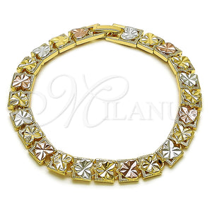 Pulsera Solida 03.196.0030.07 Oro Laminado, Diseño de Corazón, Diamantado, Tres Tonos (Thickness, 7 Inches Length)