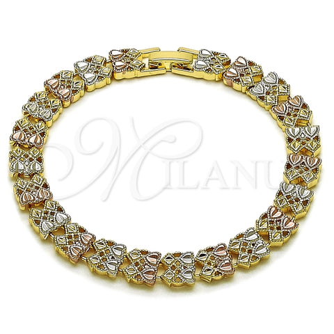 Pulsera Solida 03.196.0031.07 Oro Laminado, Diseño de Corazon, Diamantado, Tricolor