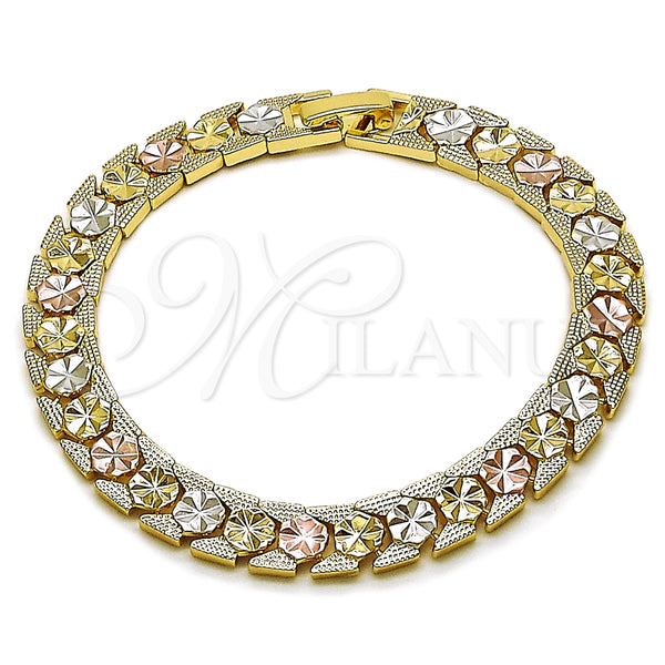 Pulsera Solida 03.196.0032.07 Oro Laminado, Diseño de Flor, Diamantado, Tres Tonos (08 MM Thickness, 7 Inches Length)