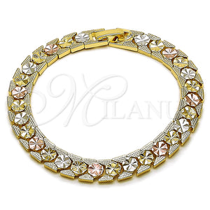 Pulsera Solida 03.196.0032.07 Oro Laminado, Diseño de Flor, Diamantado, Tres Tonos (08 MM Thickness, 7 Inches Length)