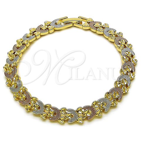 Pulsera Solida 03.196.0034.07 Oro Laminado, Diseño de Corazón, Diamantado, Tres Tonos (08 MM Thickness, 8 Inches Length)