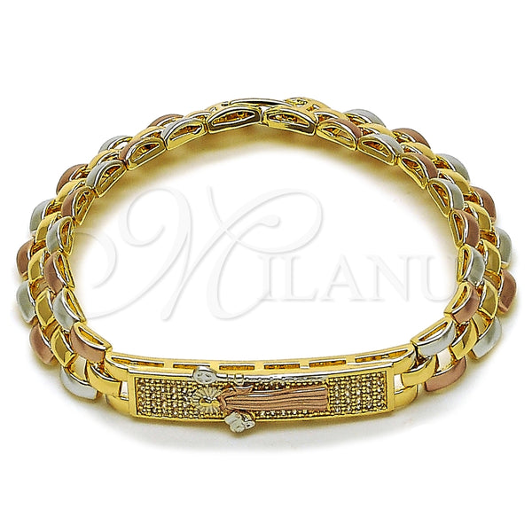 Pulsera Elegante 03.196.0037.07 Oro Laminado, Diseño de San Benito, con Blanca Micro Pave, Pulido, Tres Tonos (09 MM Thickness, 8 Inches Length)