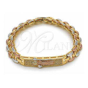 Pulsera Elegante 03.196.0037.07 Oro Laminado, Diseño de San Benito, con Micro Pave Blanca, Pulido, Tres Tonos (Grosor 09 MM, 8 Pulgadas de Largo)
