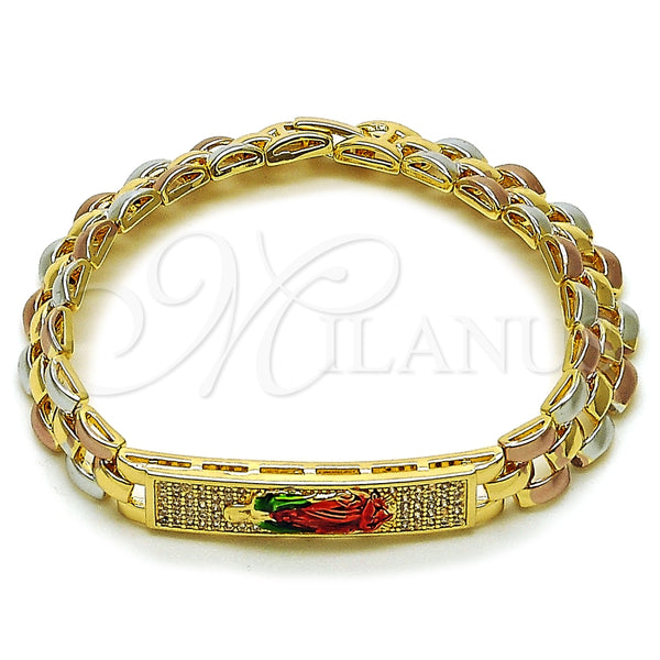 Pulsera Elegante 03.196.0038.07 Oro Laminado, Diseño de Guadalupe, con Blanca Zirconia Cubica, Pulido, Tres Tonos (09 MM Thickness, 7 Inches Length)
