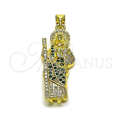 Dije Religioso 05.284.0027 Oro Laminado, Diseño de San Judas, con Zirconia Cubica Verde y Blanca, Pulido, Dorado