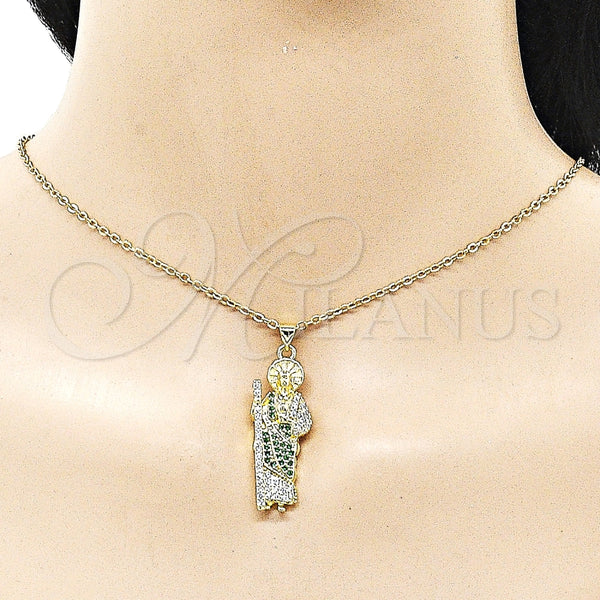 Dije Religioso 05.284.0027 Oro Laminado, Diseño de San Judas, con Verde and Blanca Zirconia Cubica, Pulido, Tono Dorado