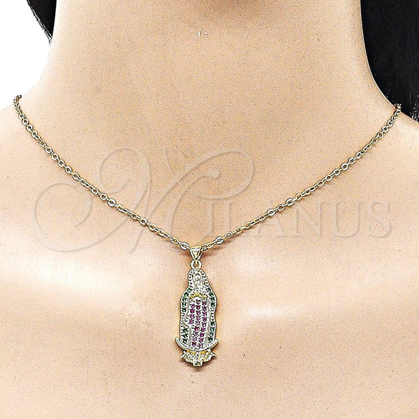 Dije Religioso 05.284.0028.1 Oro Laminado, Diseño de Guadalupe, con Multicolor Zirconia Cubica, Pulido, Tono Dorado