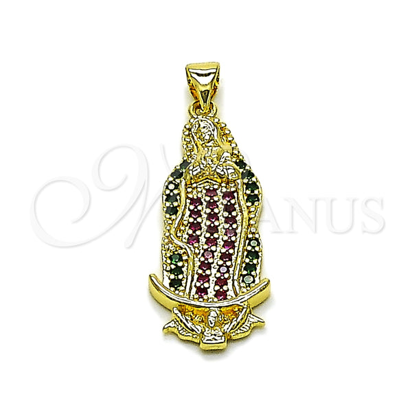 Dije Religioso 05.284.0028.1 Oro Laminado, Diseño de Guadalupe, con Multicolor Zirconia Cubica, Pulido, Tono Dorado