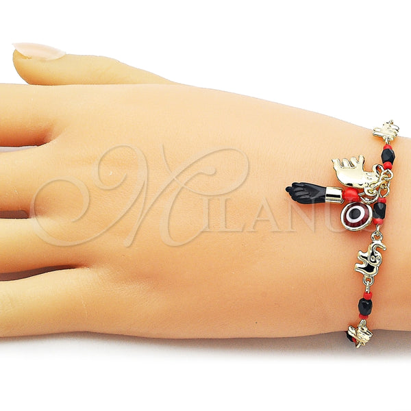 Pulsera de Dije 03.213.0413.06 Oro Laminado, Diseño de Elefante y Mano de Figa, con Cristal Negro, Pulido, Tono Dorado (Grosor 06.5 MM, 6 Pulgadas de Largo)