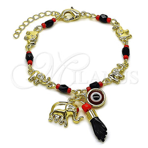 Pulsera de Dije 03.213.0413.06 Oro Laminado, Diseño de Elefante y Mano de Figa, con Cristal Negro, Pulido, Tono Dorado (Grosor 06.5 MM, 6 Pulgadas de Largo)