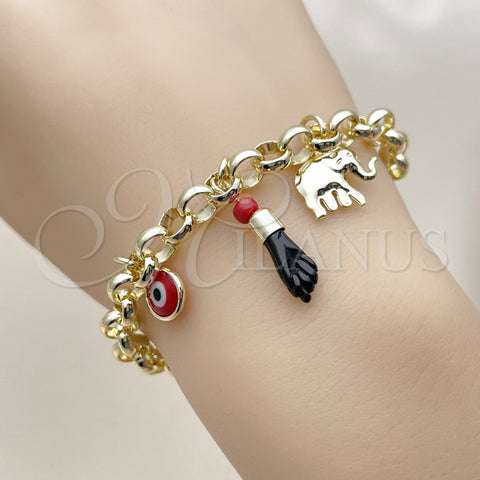 Pulsera de Dije 03.213.0414.07 Oro Laminado, Diseño de Elefante y Mano de Figa, Pulido, Tono Dorado (07 MM Thickness, 7 Inches Length)