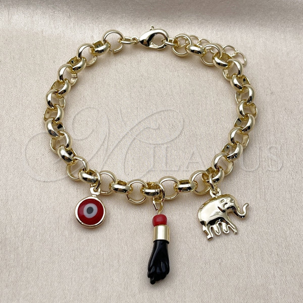 Pulsera de Dije 03.213.0414.07 Oro Laminado, Diseño de Elefante y Mano de Figa, Pulido, Tono Dorado (07 MM Thickness, 7 Inches Length)