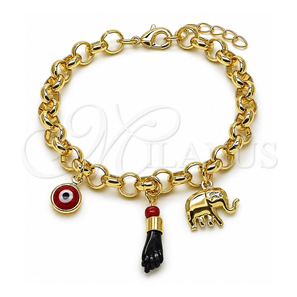 Pulsera de Dije 03.213.0414.07 Oro Laminado, Diseño de Elefante y Mano de Figa, Pulido, Tono Dorado (07 MM Thickness, 7 Inches Length)