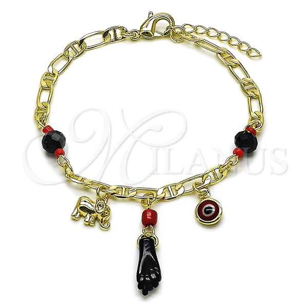 Pulsera de Dije 03.213.0415.07 Oro Laminado, Diseño de Mano de Figa y Elefante, Diseño de Mano de Figa, con Cristal Negro, Pulido, Dorado