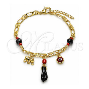 Pulsera de Dije 03.213.0415.07 Oro Laminado, Diseño de Mano de Figa y Elefante, con Negro Cristal, Pulido, Tono Dorado (04 MM Thickness, 7 Inches Length)