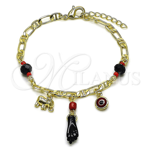 Pulsera de Dije 03.213.0415.07 Oro Laminado, Diseño de Mano de Figa y Elefante, con Negro Cristal, Pulido, Tono Dorado (04 MM Thickness, 7 Inches Length)