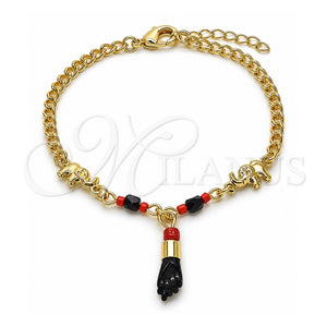Pulsera de Dije 03.213.0417.07 Oro Laminado, Diseño de Mano de Figa y Elefante, con Cristal Negro y Granate, Pulido, Tono Dorado (Grosor 03.2 MM, 7 Pulgadas de Largo)