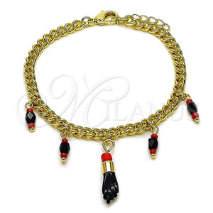 Pulsera de Dije 03.213.0419.07 Oro Laminado, Diseño de Mano de Figa y Miami Cubana, con Negro and Granate Cristal, Pulido, Tono Dorado (Thickness, 7 Inches Length)