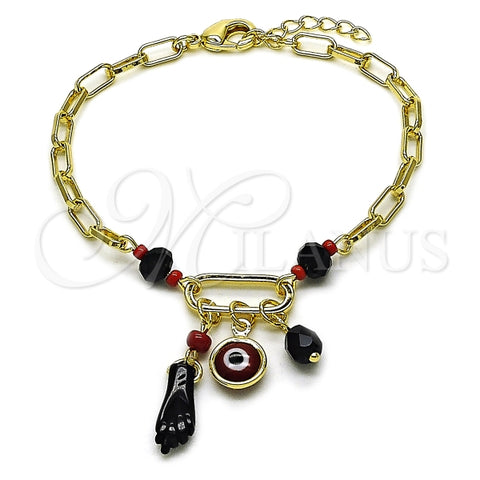 Pulsera de Dije 03.213.0420.07 Oro Laminado, Diseño de Mano de Figa y Ojo Griego, Diseño de Mano de Figa, con Cristal Negro y Granate, Pulido, Dorado