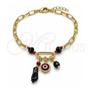 Pulsera de Dije 03.213.0420.07 Oro Laminado, Diseño de Mano de Figa y Ojo Griego, con Negro and Granate Cristal, Pulido, Tono Dorado (Thickness, 7 Inches Length)