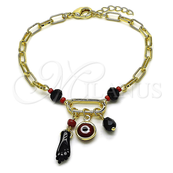 Pulsera de Dije 03.213.0420.07 Oro Laminado, Diseño de Mano de Figa y Ojo Griego, con Negro and Granate Cristal, Pulido, Tono Dorado (Thickness, 7 Inches Length)
