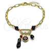 Pulsera de Dije 03.213.0420.07 Oro Laminado, Diseño de Mano de Figa y Ojo Griego, con Negro and Granate Cristal, Pulido, Tono Dorado (Thickness, 7 Inches Length)