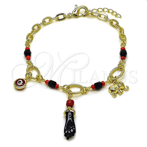Pulsera de Dije 03.213.0421.06 Oro Laminado, Diseño de Mano de Figa y Elefante, Diseño de Mano de Figa, con Cristal Negro y Zirconia CubicaGranate, Pulido, Dorado